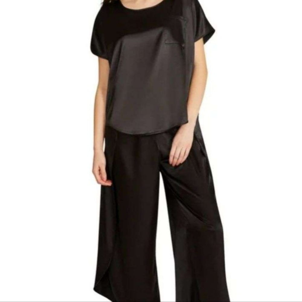 Black Satin Short Sleeve Top & Wide Leg Pant Set
